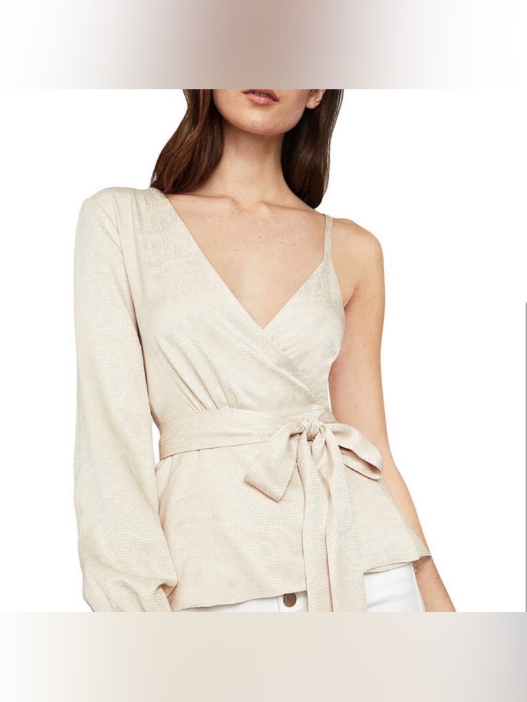 Bcbgmaxazria One-Shoulder Wrap Blouse In Cream Size Small Has An Animal Print ?